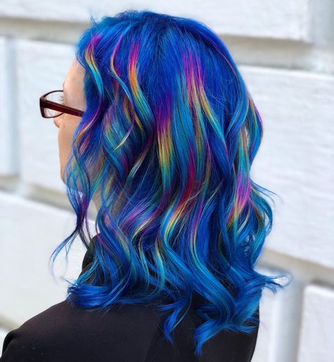 Blue And Rainbow Hair, Purple Prism Hair, Creative Hair Color Short, Rainbow Prism Hair, Prism Hair Color, Prism Hair, Fantasy Hair Color, Wild Hair Color, Sunset Hair