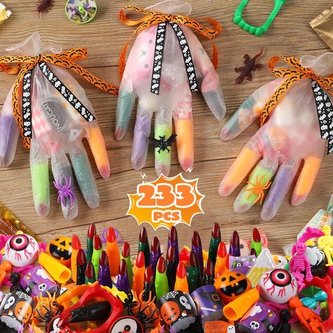 PRICES MAY VARY. Provide plenty of Witch Fingers to fill gloves, elevate Halloween fun with our 24 Pack treat bags. Each gift perfectly matches the image, making them ideal for party favors. Our set includes 233 toys like Gloves, Witch Finger, Ribbon, Eyeball Cars, Bat Ring, Stretchy Skeleton and more, ensuring endless entertainment for all at Halloween! Fill our latex gloves with snacks, stationery or toys for a unique Halloween treat, roviding a creative and delightful alternative to tradition Halloween Gift To Students, Halloween Party Ideas For Preschoolers, Halloween Glove Treat Bags, Halloween Classroom Party Ideas, Baby Halloween Party, Kindergarten Halloween Party, Witch Fingers, Skeleton Theme, Kindergarten Party