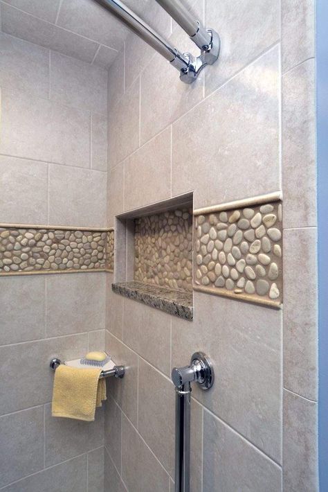 Rock Wall Bathroom, Rock Shower Ideas, River Rock Bathroom, River Rock Shower, Marble Shower Walls, Rock Shower, Home Remodels, Marble Showers, Door County