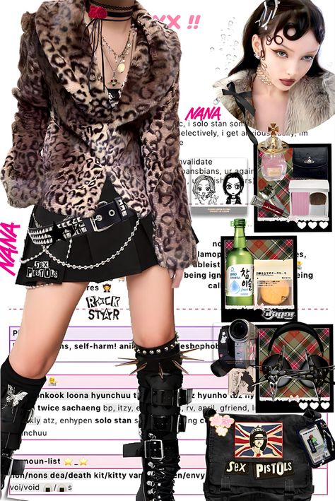 90 Rock Fashion, Punk Gyaru Fashion, Y2k Russian Core, Nana Outfit Ideas, Y2k Rock Outfits, Nana Clothes Aesthetic, Nana Fashion Anime, Punk Japanese Fashion, Punk Fashion Drawing