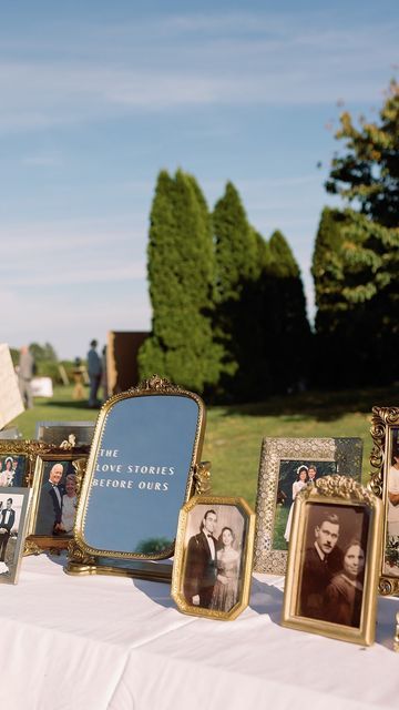 Marina | MK Creative on Instagram: "One of my favorite wedding day details 🤍🪞✨ Planning + Design: @wildheightsevents Cover photo: @rachel_joy_monet Content: @empirecontentcreation #vintagewedding #generationsoflove #weddinginspo #weddingdetails #weddingdecor #weddingdetail #weddingideas #weddingidea #weddinginspiration #lovestories #vintageframes #vintageweddings #vintageweddingdecor #uniqueweddingideas" Cool Things At Weddings, Unique Wedding Ideas Aesthetic, Photo Wedding Decorations, Generations Wedding Photo Display, Small Wedding Aesthetic Ideas, Photo Frame Table Plan, Wedding Interesting Ideas, Meaningful Wedding Details, Engagement List For Bride