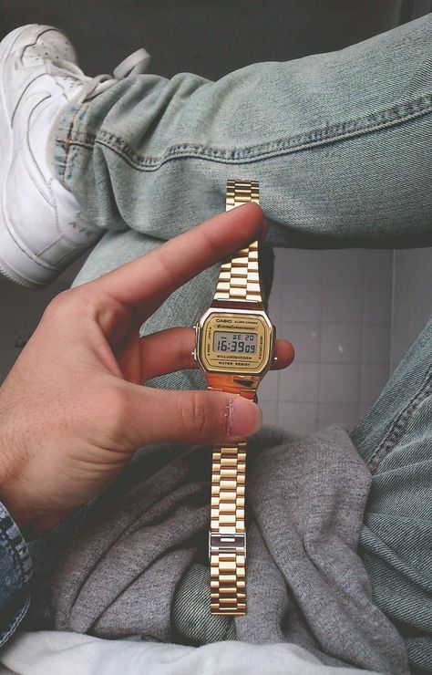 // Gold Casio my new trend for 2014 - Anky <3 Men Casio Watch, Classic Casio Watch, Casio Gold Watch Men, Men’s Gold Watch, Casio Watch Mens, Gold Casio Watch, Casio Gold Watch, Classic Watches For Men, Casio Digital Watch