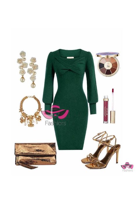 Dress With Gold Heels, Gold Statement Jewelry, Green Sweater Dress, Evening Sandals, Fashion Styling, Evening Outfits, Gold Heels, Fashion App, Best Brands