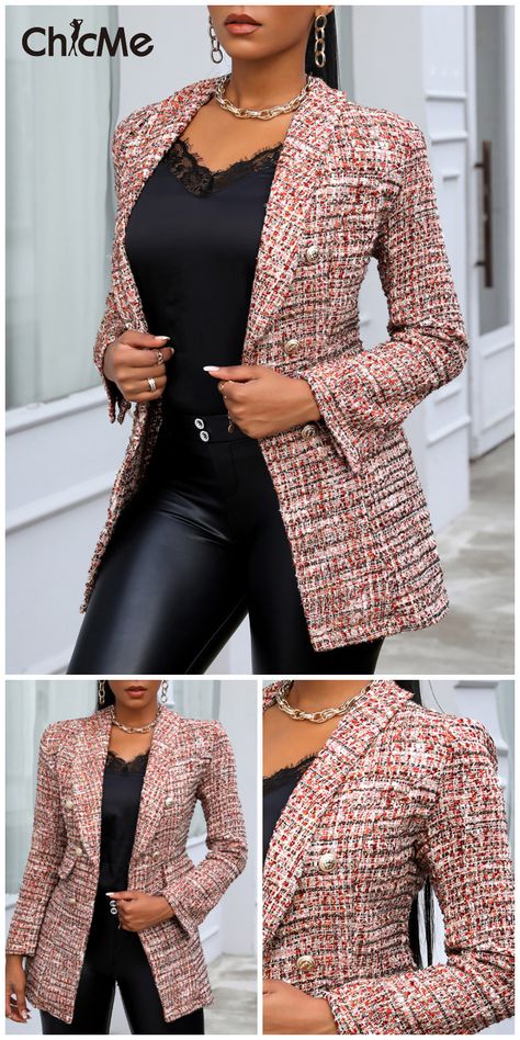 Tweed Colorblock Button Design Blazer Coat Corporate Jackets For Women, Tweed Blazers For Women, Blazer Designs Women Fashion, Fancy Blazers For Women, Stylish Blazers For Women Classy, Fancy Blazer Outfits, Ladies Jackets Classy Blazers, Blazer Tweed Outfit, Tweed Jacket Outfit Women