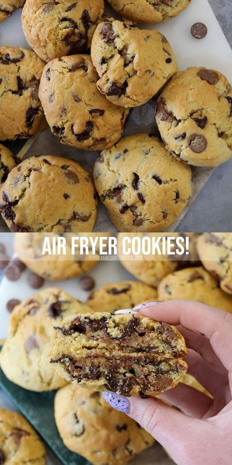 Deliciously easy air fryer cookies with a super easy to make vanilla cookie dough with chocolate chips baked in an air fryer! Air Fryer Chocolate Chip Cookies, Air Fryer Cookies, Air Fryer Recipes Dessert, Air Fryer Recipes Snacks, Janes Patisserie, Best Air Fryer, Air Fryer Oven Recipes, Air Fryer Dinner Recipes, Air Fryer Recipes Easy