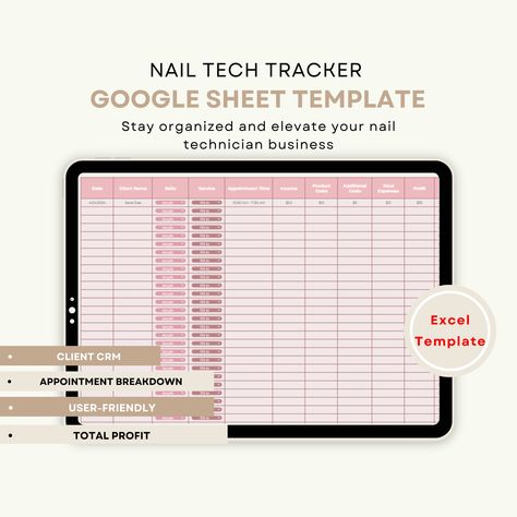 Enhance Your Nail Business with Our Comprehensive Nail Tech Tracker Stay organized and elevate your nail technician business with our all-in-one Nail Tech Tracker. Designed to help you manage appointments, track inventory, and monitor client preferences, this tracker is a must-have tool for any professional nail technician looking to streamline their business operations. What's Inside: Date Client Name type of Nails type of Service Appointment Time Income Product Costs Additional Costs Total Exp Client Record Book, Business Spreadsheet, Book Nail Art, Client Tracker, Business Bookkeeping, Nail Business, Customer Testimonials, Must Have Tools, Business Planner