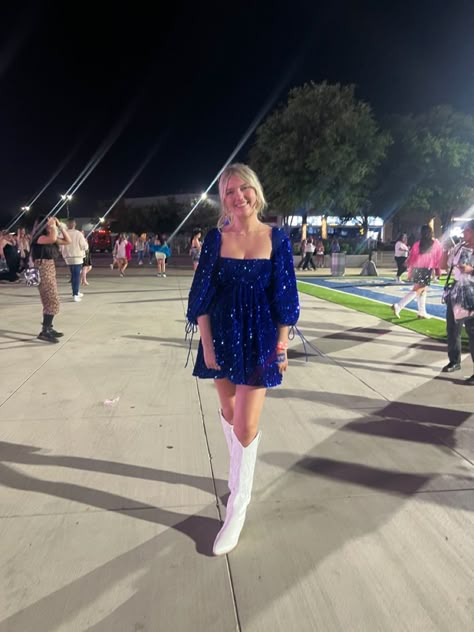 Eras Tour Blue Dress, Taylor Swift Concert Outfit With Cowboy Boots, Taylor Swift Concert Outfit White Boots, Eras Tour Outfits Long Sleeve, Midnight Rain Taylor Swift Outfit, Blue Eras Tour Outfit, Eras Tour Outfits Cowboy Boots, Eras Tour Outfit Inspiration Midnights, Midnight Rain Costume