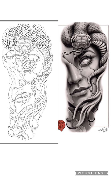 Snake Tattoo Design Leg, Medusa Sketch Tattoo, Cool Tattoo Stencils For Men, Chicano Style Tattoo Design, Tattoo Designs Medusa, Realistic Tattoo Stencil, Realism Tattoo Stencil, Medusa Tattoo Stencil, Black And Grey Tattoo Design