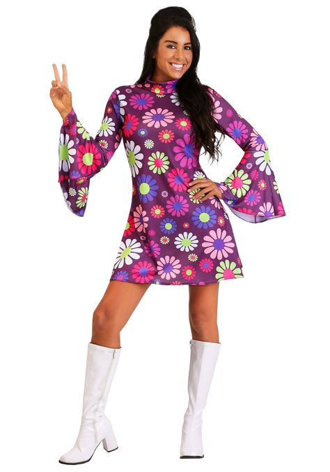 PRICES MAY VARY. Polyester Zipper closure Size: Medium COSTUME INCLUDES: This Adult Groovy Flower Power Costume features floral print dress with a mockneck collar and flared bell sleeves. FROM FUN COSTUMES: Halloween costumes are what we do and our mission is to make the best costumes in the world! If you want to have some retro fun this Halloween you will love becoming a groovy hippie with this Flower Power dress. DETAILS THAT MATTER: For our Groovy Flower Power costume we recreated the look of Costume Fleur, Hippie Costume Halloween, Kostum Halloween, Disco Costume, Hippie Halloween, Corak Bunga, Hippie Stil, High Neck Maxi Dress, Estilo Hippy