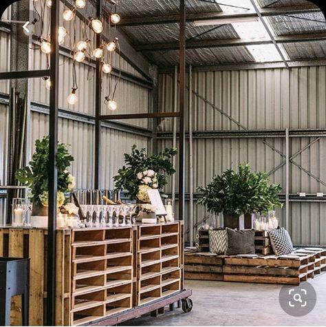 Shed Party, Party Barn Interior, Barn Party Decorations, Food Boutique, Party Shed, Studio Booth, Shed Wedding, Feature Lighting, Expo Stand