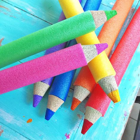 Finished my pool noodle colored pencils... gonna hang them in my new room and add some fun lines. Finding a full rainbow of pool noodles is… Preschool First Day, Giant Pencil, Noodle Art, Kids Painting Party, Art Teacher Resources, Full Rainbow, Diy Pencil, Teaching Toddlers, Pool Noodle