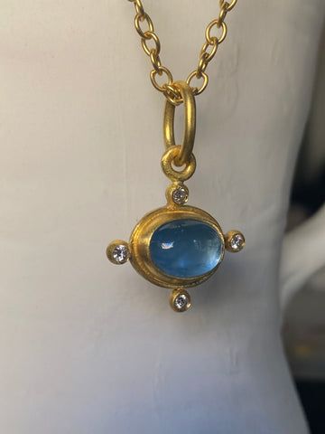 22K gold, aquamarine cabochon, diamonds Natural aquamarine cabochon approx 10 x 12mm, very slightly included. .12cts diamonds Bail opening 8mm One of a kind Handcrafted in NYC Aquamarine Cabochon, Natural Aquamarine, 22k Gold, Aquamarine, Diamonds, 10 Things, Gold