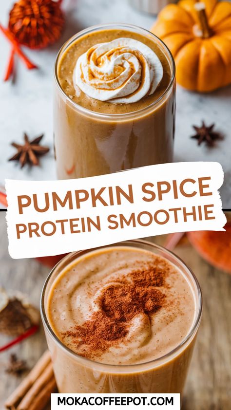 Pumpkin Spice Protein Smoothie Recipe Pumpkin Spice Protein Smoothie, Pumpkin Protein Smoothie, Pumpkin Protein Shake, Pumpkin Spice Smoothie, Energizing Smoothies, Pumpkin Cravings, Espresso Recipes, High Protein Smoothies, Pumpkin Pie Smoothie