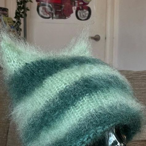 Kaz on Instagram: "green stripe meow hat hand knit using mohair from my vintage long hair mohair yarn collection 🥒🧩🫑🐊🧪 this and FAQ available at kazclops.com" Vintage Long Hair, Vintage Hairstyles For Long Hair, Mohair Hat, Yarn Collection, Mohair Yarn, Cat Hat, Yarn Art, Green Stripes, Fiber Art