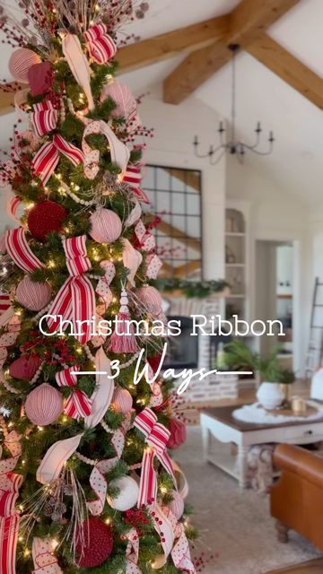 Christmas Trees Without Ribbon, Ribbon Only Christmas Tree, How To Put Ribbon On Christmas Tree Easy Diy, How To Ribbon A Tree, White Ribbon On Christmas Tree, Christmas Tree With White Ribbon, Ribbon Decorated Christmas Trees, How To Decorate A Tree With Ribbon, Red Ribbon On Christmas Tree