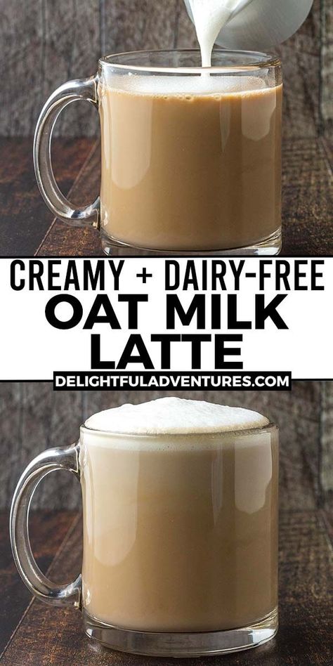 Two images of a latte in a glass mug, text says creamy, dairy-free oat milk latte. Pecan Crunch Oat Milk Latte, Oatmilk Latte Recipe, Oatmilk Latte, Almond Milk Latte, Oat Milk Latte, Vegan Drinks Recipes, Oat Milk Recipe, How To Make Oats, Latte At Home