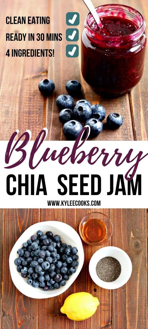 Delicious not-too-sweet Blueberry Chia Jam that is easy to make, and ready to eat in 30 minutes - using just 4 ingredients! #glutenfree #paleo #cleaneating #blueberry #jam #chia #recipe #kyleecooks Easy Blueberry Jam, Blueberry Chia Seed Jam, Healthy Toast Toppings, Healthy Breakfast Toast, Toast Recipe Breakfast, Low Sugar Jam, Blueberry Jam Recipe, Chia Seed Jam, Homemade Dips