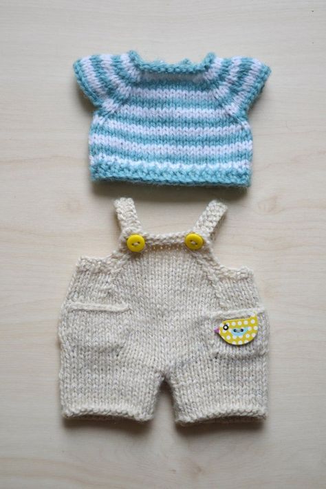 Knitted Dungarees and T-shirt Set for 10-12 Inch Soft Toy - Etsy Knitted Bunnies, Tee Shirt Outfit, Animal Eyes, Teddy Bear Clothes, Little Cotton Rabbits, Knitting Dolls Clothes, Boys Gift, Knitted Baby Clothes, Cute Doll