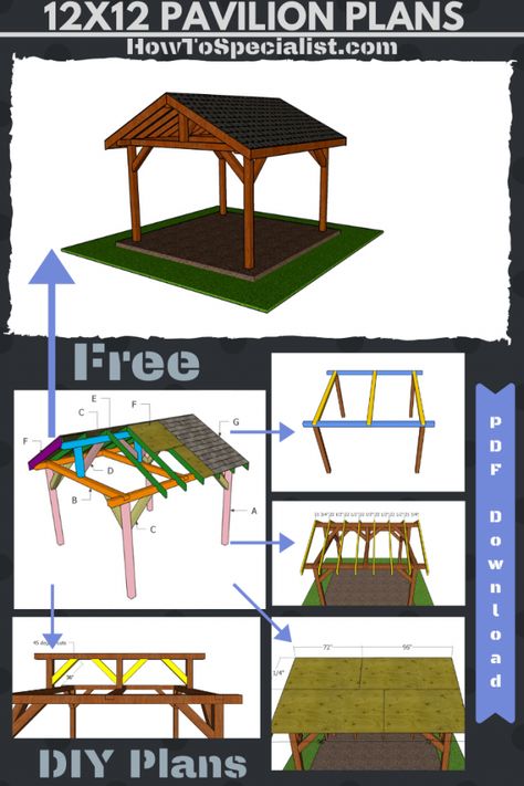 12x12 Outdoor Pavilion - Free DIY Plans | HowToSpecialist - How to Build, Step by Step DIY Plans Diy Outdoor Pavilion, Diy Pavillion, Diy Outdoor Gazebo, Diy Pergola Plans, Deck Gazebo, Pool Plans, Screen Porches, Pergola Plans Design, Pavilion Plans