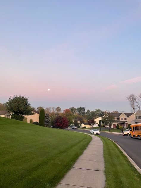 Suburban America Aesthetic, Moon In Morning Sky, Usa House Aesthetic, American Suburbs Aesthetic, Rich Suburban Aesthetic, American Neighborhood Aesthetic, Suburban Neighborhood Aesthetic, La Suburbs, Morning Sky Aesthetic