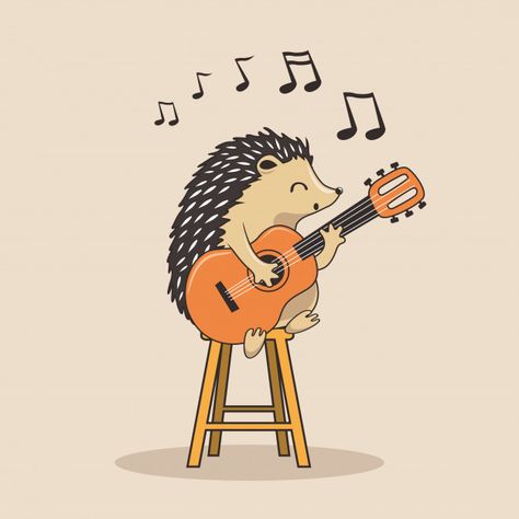 Guitar Cute Drawing, Cute Guitar Drawing, Guitar Cartoon Drawing, Cute Music Drawings, Cartoon Playing Guitar, Cartoon Porcupine, Music Cartoon Art, Animal Playing Guitar, Porcupine Drawing