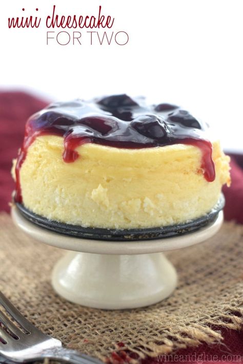 This cute little Mini Cheesecake is just perfect for you and your date! Delicious, creamy, and topped with homemade cherry sauce! Small Cheesecake Recipe, Homemade Cherry Sauce, Small Cheesecakes, Individual Cheesecakes, Small Batch Baking, Decadent Food, Cherry Sauce, Dessert For Two, Small Desserts