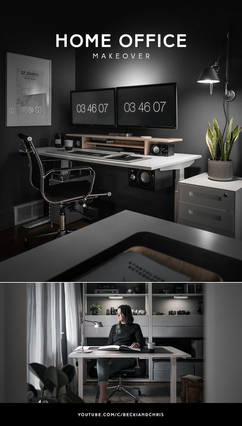 Black Office Design, Desk Themes, Set Up Pc, Recording Desk, Dreamy Patio, Tech Home Office, Revit Tutorial, Diy Home Office, Small Office Design Interior