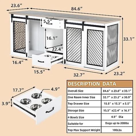 Large Sliding Door Double Kennel 2 Dogs Furniture Drawers Bowls Walnut White Crate Cage Steel Pipe Large Dog Kennel, Extra Large Dog Crate, Double Dog Crate, Kennel Furniture, Dog Crate End Table, Indoor Dog House, Wooden Dog Crate, Dog Kennel Furniture, Dog Table