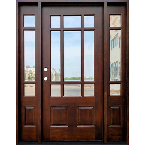 mahogany-front-door-9-lite-1p-sidelites-EM32 Craftsman Front Door, Arched Entry Doors, Exterior Doors With Sidelights, Front Door With Sidelights, Craftsman Front Doors, Door With Sidelights, Entry Door With Sidelights, Craftsman Style Doors, Exterior Door Colors