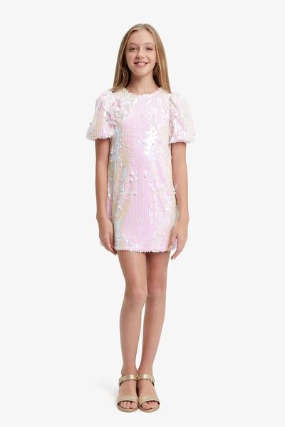 GISELLE MINI DRESS Heavenly Pink Pink Giselle, Bardot Junior, Pink Sequin, Girl Coat, Dress Shapes, Big Kid, Shine Bright, Birthday Outfit, Pink Fashion