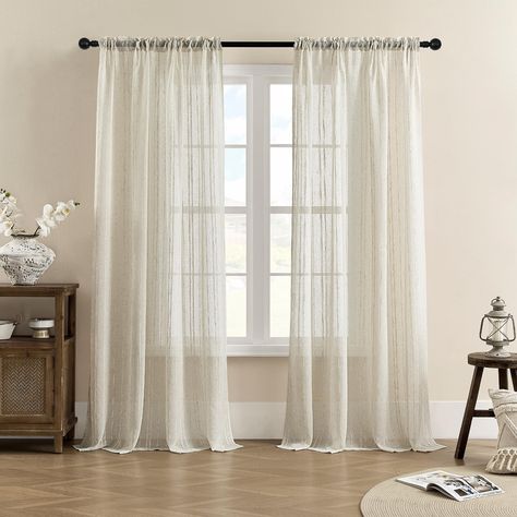 PRICES MAY VARY. Package Includes: Each package includes 2 panels of white sheer curtains, measuring 39 wide. Available in multiple colors and sizes. The top of sheer curtains designs a mode of rod pocket that sewn a hole on the top of the curtain, making drapes easy to install and wash. Premium Textured: These sheer curtains are made of 30% linen 70% polyester, also their looks and touch are great, if you need some changes to your home for a day, but have a limited budget and time, our 30% line Sheer Curtains Black Rod, Boho Sheers, Curtains With Sheer In The Middle, Minimalist Curtains Living Room, Room Curtains Bedroom Ideas, White Sheer Curtains Bedroom, Sheer Curtain Ideas, Long Sheer Curtains, Curtain Rod Ideas