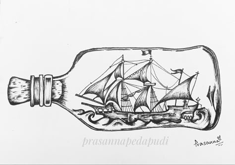 Black Pearl In A Bottle Tattoo, Drawing Pirate Ship, Pirate Ship In A Bottle Tattoo, Bottle Ship Tattoo, Pirate Ship Tattoo Simple, Ship In A Bottle Tattoo Small, Pirate Ship Art Drawing, Black Pearl Drawing, Black Pearl Ship Tattoo