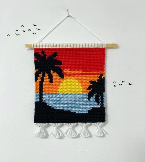 Ocean Palm Trees, Crochet Wall Hanging, Crochet Wall Art, Crochet Hanging, Wall Hanging Designs, Macrame Tapestry, Vsco Aesthetic, Nature Sea, Crochet Wall Hangings