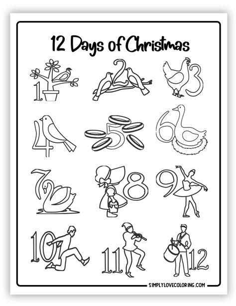 12 Days of Christmas Coloring Pages (Free PDF Printables) 12 Days Of Christmas Pictures Printable, Advent Coloring Sheets Free Printable, Twelve Days Of Christmas Printables, 12 Days Of Christmas Coloring Pages, 12 Days Of Christmas Crafts For Kids, 12 Days Of Christmas Printables Free, 12 Days Of Christmas For Kids, 12 Days Of Christmas Illustration, 12 Days Of Christmas Activities