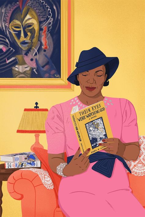 Portrait of Zora Neale Hurston in her living room, reading her book. Behind here is a painting by Lois Mailou Jones, another important Black woman of the Harlem Renaissance. Zora Neale Hurston Pictures, Black Woman Reading Art, Black Women Reading, Their Eyes Were Watching God, Black Poets, African American Artwork, Illustration Interior, Zora Neale Hurston, Black Chicks