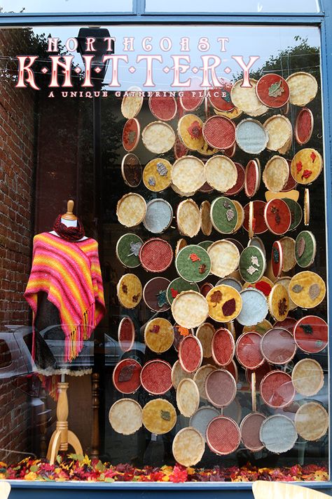 Crochet Window Display, Textile Window Display, Thrift Shop Window Display, Anthropologie Merchandising Displays, Art Store Window Displays, Recycled Window Display, Interior Design Window Display, Fall Store Window Displays Retail, Fabric Window Display