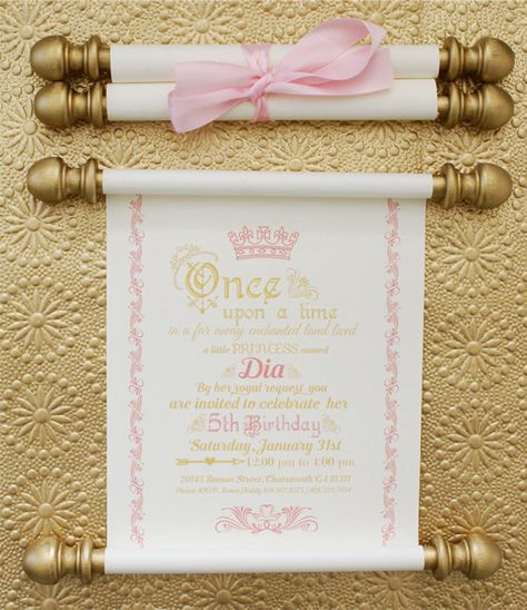 Elegant Princess Scroll Birthday Invitation in Gold and Pink | Etsy Royal Princess Birthday, Princess Party Invitations, Pink And Gold Birthday, Scroll Invitation, Princess Theme Birthday, Princess Theme Birthday Party, Princess Invitations, Princess Tea Party, Princess Theme Party