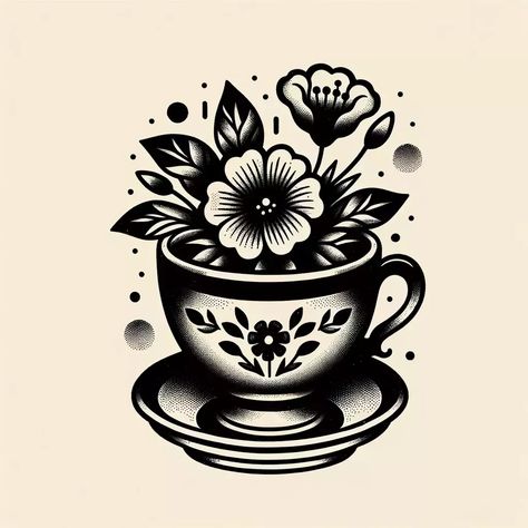 Coffee And Flowers Tattoo, Old School Coffee Tattoo, Traditional Style Plant Tattoo, American Traditional Coffee Tattoo, American Traditional Black Tattoo, Traditional Coffee Tattoo, Traditional Teacup Tattoo, Traditional Tattoo Art Black And White, American Traditional Sleeve Black