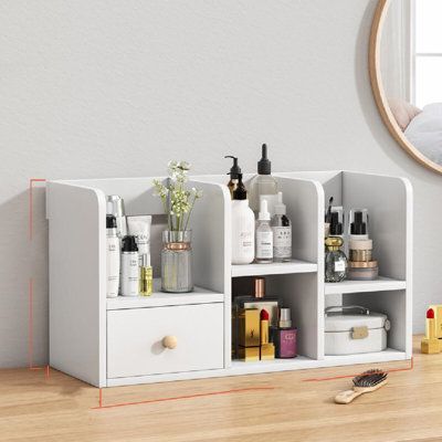 Store a good helper, at a glance, according to the size and shape of different cosmetics, distinguish the storage Finish: White | Latitude Run® Eggett Cosmetics Storage Box Wood in White, Size 11.81 H x 24.4 W x 7.48 D in | Wayfair | Organization Hair Storage, Wooden Makeup Organizer, Bathroom Countertop Organizer, Makeup Shelves, Vanity Shelves, Bathroom Basket Storage, Shop Displays, Cosmetics Storage, Creative Storage