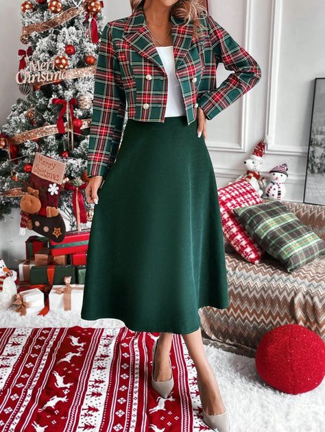 Green Casual Collar Long Sleeve  Plaid  Embellished Non-Stretch Fall/Winter Women Clothing Christmas Outfit Green Skirt, Work Christmas Outfit Casual, Christmas Office Outfits Business Casual, Christmas Tea Outfits, Christmas Capsule Wardrobe, Christmas Tea Party Outfit, Christmas Holiday Outfits Women, Green Christmas Outfit Women, Green Outfit Christmas