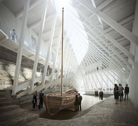 Image 2 of 12 from gallery of Helen & Hard Win Competition to Built Waterfront Cultural Museum in Norway. Courtesy of Helen & Hard Cultural Museum, Submarine Museum, Gallery Architecture, Museum Interior, Timber Architecture, Bjarke Ingels, 3d Architectural Visualization, Museum Architecture, Maritime Museum