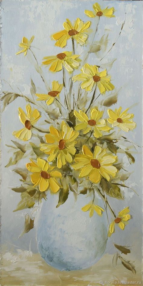 Picture Flowers Art, Pictures Of Painted Flowers, Oil Painted Flowers, Toddler Canvas Art, Painting Ideas Flowers, Flower Painting Ideas, Flower Vase Painting, Art Flowers Painting, Yellow Flowers Painting