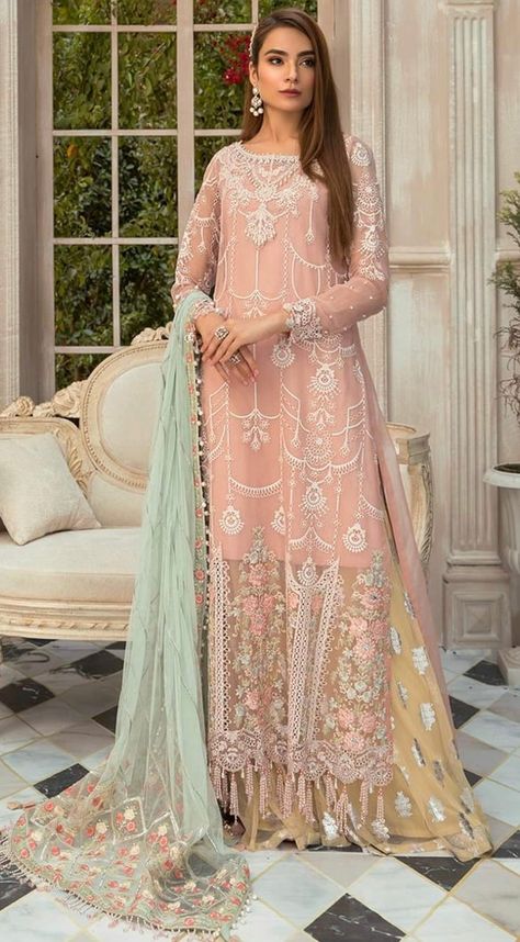 Long Shirt With Plazo, Shirt With Plazo, Organza Suits, Pakistani Designer Suits, Net Dress, Pakistani Salwar Kameez, Chiffon Collection, Maria B, Salwar Kameez Designs