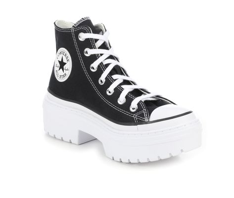 Step up your sneaker game with the Women’s Converse Chuck Taylor All Star Canvas Lugged Heel Sneakers! These iconic kicks combine classic canvas style with a chunky lugged heel for a fresh, edgy twist. Perfect for making a statement on any outing, they add a touch of cool to your everyday look! 1.5\ platform,2\ chunky block heel, High-traction rubber outsole, Iconic Chuck Taylor design, Lace-up closure, Classic canvas upper | Women's Converse Chuck Taylor All Star Canvas Lugged Heel Sneakers in Converse Taylor Chuck, Converse High Heels, Converse Heels, Heel Sneakers, Platform Converse, Black Converse, Converse Chuck 70, Girly Shoes, Women's Converse