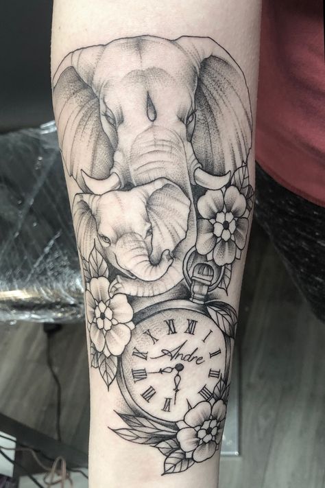 Done at New Addiction Tattoo | Mar 4th 2019 | 894118 Tato Jam, Mutterschaft Tattoos, Baby Elephant Tattoo, Elephant Tattoo Meaning, Tato Geometris, Tato Paha, Baby Tattoo Designs, Tato Dengan Makna, Elephant Tattoo Design