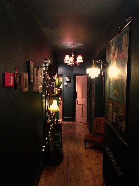 Dark Hallway by Shella Anderson Hallway Dark, Black House Interior, Dark Hallway, Moody Interiors, Dark House, Goth Home, Dark Home, Dark Walls, Dark Interiors