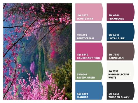 Night Garden Color Palette, Garden Color Palette, Paint Charts, Gardens Coloring Book, Color Schemes Colour Palettes, Paint Color Palettes, Purple Trees, Night Garden, Design Seeds