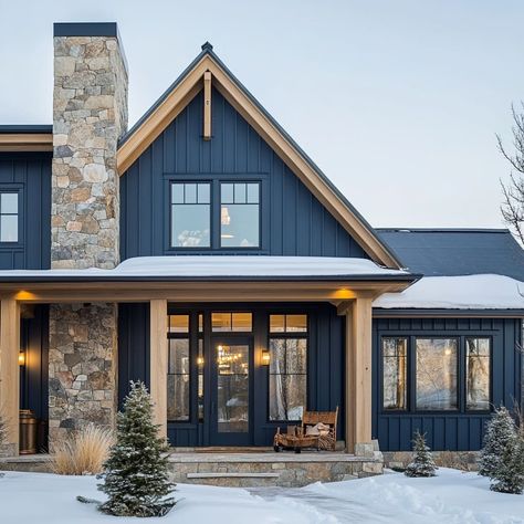 Dark Blue Modern House Exterior, Dark Color Homes Exterior, Guest House Exterior Ideas, Maine Modern Cabin, Board And Batten With Metal Roof, Blue Painted House Exterior, Barndominium House Colors, Navy Barndominium Exterior, Blue House With Wood Shutters