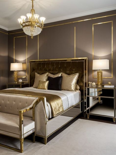 For an art deco-inspired bedroom with a touch of luxury, consider using statement pieces like a velvet upholstered bed frame and a mirrored nightstand. Complete the look with metallic accents, such as a gold chandelier and brass hardware on furniture. Bedroom Ideas Gold Accents, Monochrome Bedroom Ideas, Bed Peace, Gold Accent Wall, Fall Bedroom Ideas, Monochrome Bedroom, Glam Bedroom Decor, Gold Ideas, Cozy Fall Bedroom