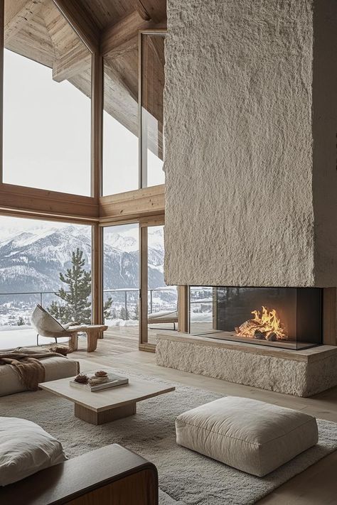 40 Coziest Mountain Homes With Stone Fireplaces Mountain Apartment Interior Design, Modern Lodge Fireplace, Fireplace Near Windows, Mountain Stone Fireplace, Large Open Fireplace, Mountain Interior Design Rustic, Mountain House Entryway, Ski Interior Design, Modern Alpine Interior